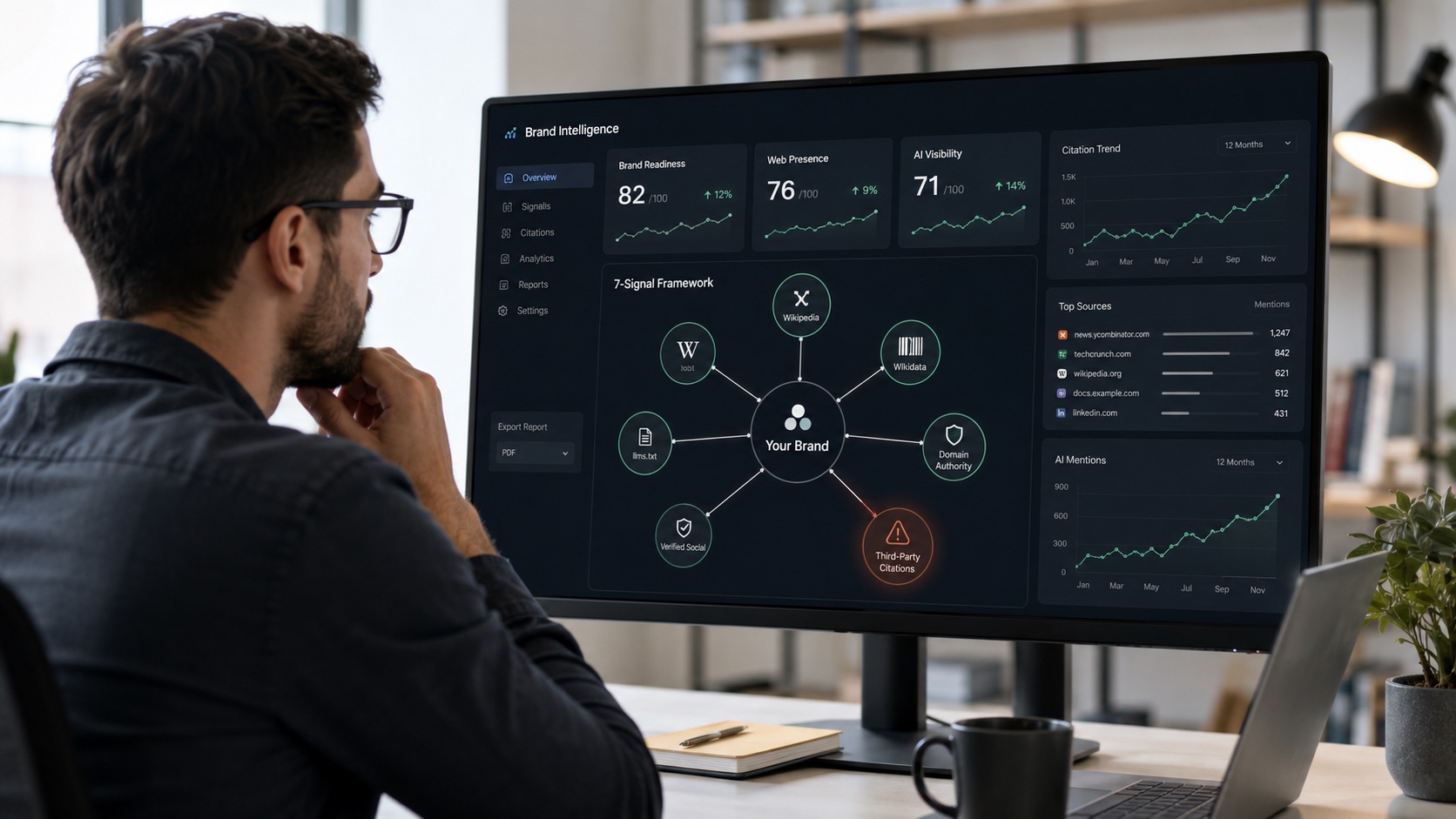 A founder reviewing a DataEase AI Brand Presence Intelligence dashboard - the 7-signal framework with a central brand node linked to Wikipedia, Wikidata, domain authority, Schema.org, verified social, llms.txt, and third-party citations, alongside Brand Readiness, Web Presence, and AI Visibility scores