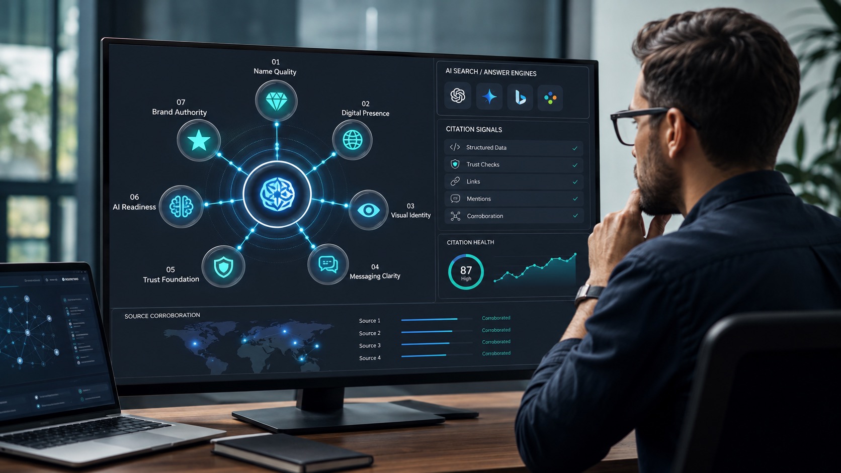 The 7 pillars of brand readiness for AI engines around a central brand node - Name Quality, Digital Presence, Visual Identity, Messaging Clarity, Trust Foundation, AI Readiness, and Brand Authority - with a DataEase AI Brand Readiness score of 72 out of 100