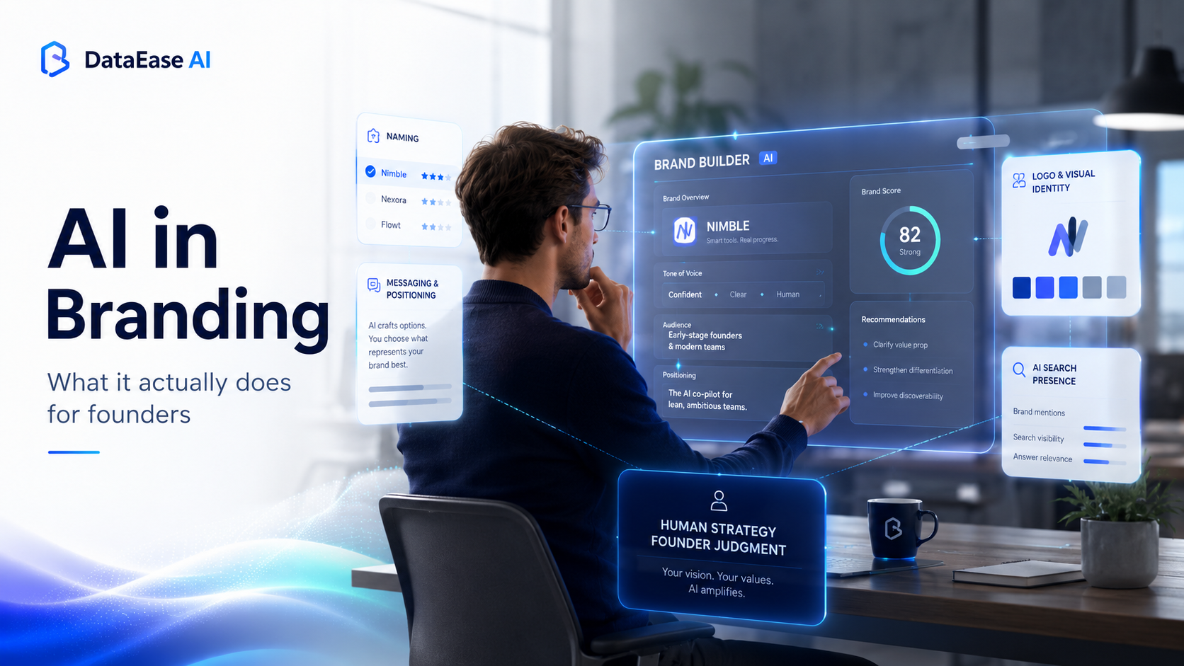 AI in branding - a founder using DataEase AI's Brand Builder for naming, logo and visual identity, messaging, and AI search presence, with human strategy guiding it