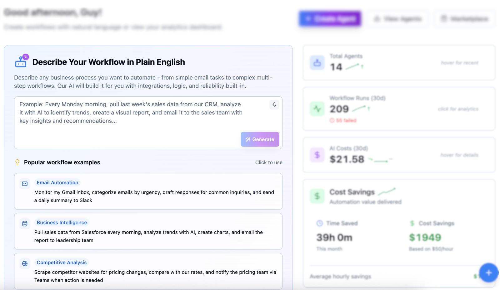 DataEase intelligent workflow builder interface showing natural language input transforming into automated workflow steps